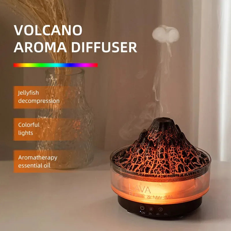 New Colorful Lights Volcano Lava Air Humidifier Aromatherapy Essential Oils Diffuser Remote Control Jellyfish Smoke Ring Flame